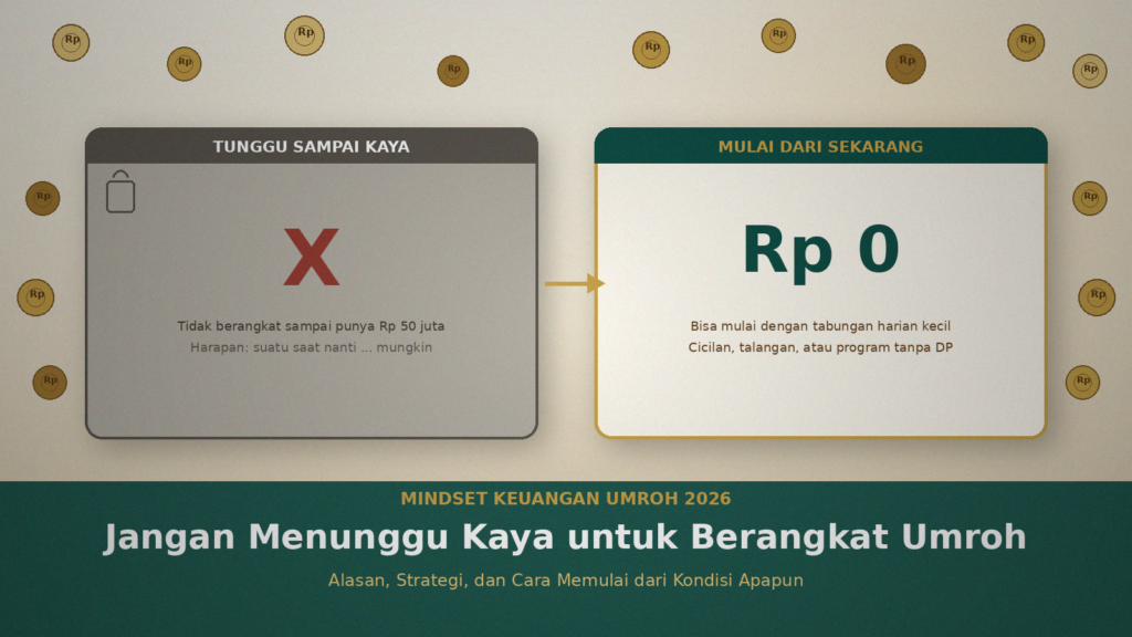 Hero visual artikel jangan menunggu kaya untuk berangkat umroh dengan dua kartu kontras tunggu kaya vs mulai sekarang