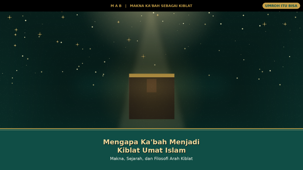 Ilustrasi langit malam berbintang dengan cahaya emas menerangi siluet Ka'bah, melambangkan kedudukan Ka'bah sebagai kiblat seluruh umat Islam yang menyatukan arah ibadah dari berbagai penjuru dunia