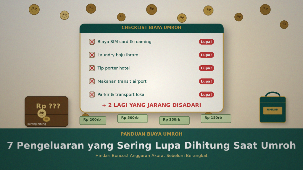 Checklist biaya umroh dengan dompet, koper, dan uang kertas