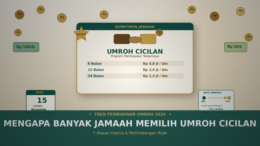 Kartu komitmen umroh cicilan dengan tabel tenor dan cicilan bulanan, dikelilingi koin dan uang kertas, badge FAVORIT, kalender jadwal, dan rute jamaah IDN-KSA