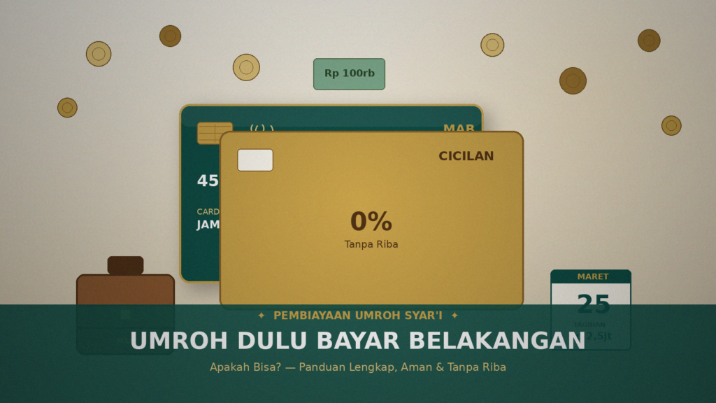 Ilustrasi kartu cicilan umroh, koper, kalender tagihan
