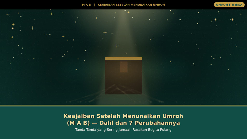 Latar Ka'bah dengan cahaya spiritual yang turun dan bintang di langit malam, menggambarkan transformasi batin jamaah seusai menunaikan ibadah umroh