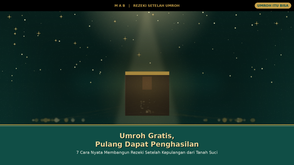 Latar Ka'bah dengan cahaya spiritual MAB, kepingan emas rizq berjatuhan dari Baitullah, judul Umroh Gratis Pulang Dapat Penghasilan